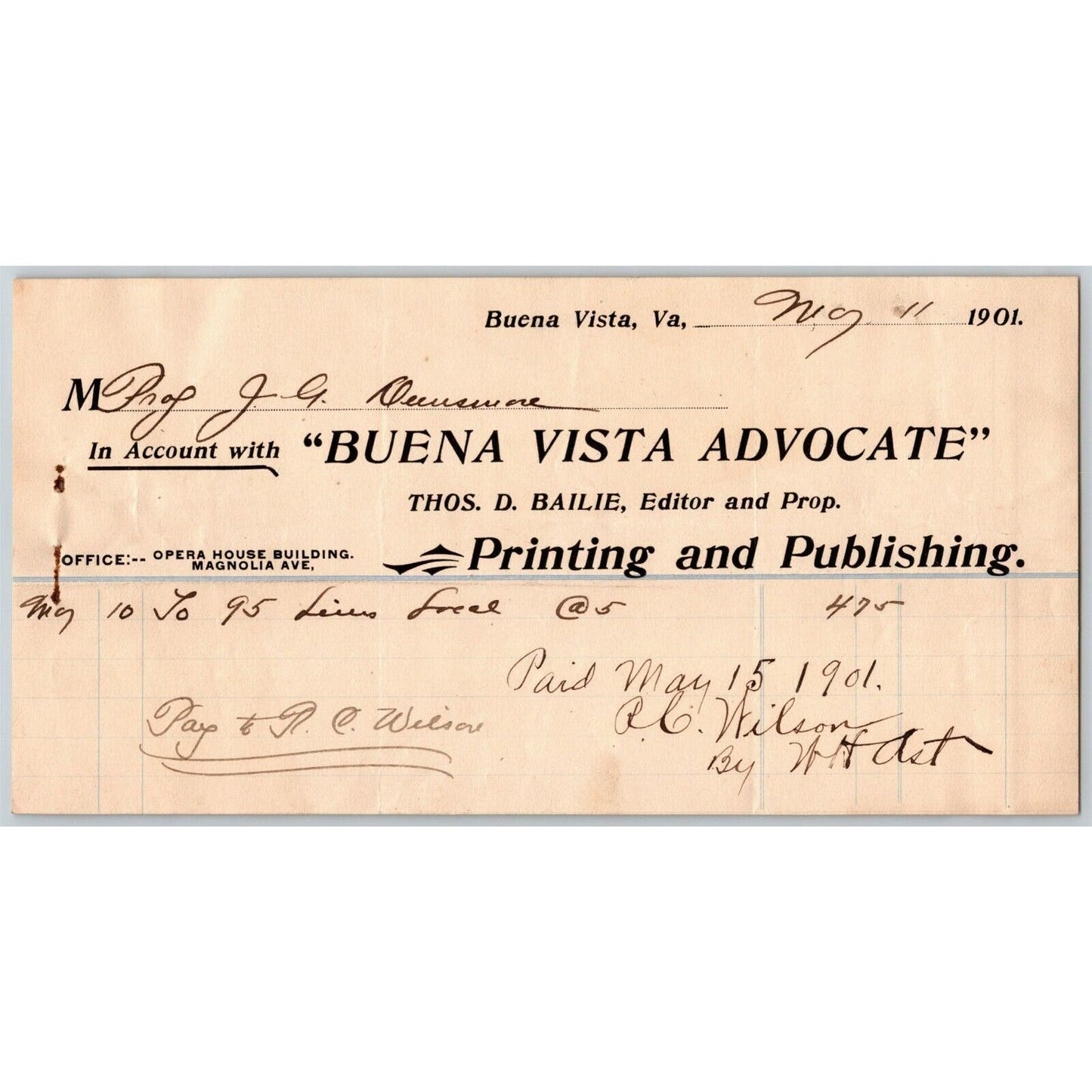 1901 Scarce Buena Vista Advocate Printing Publishing Billhead Letterhead VA