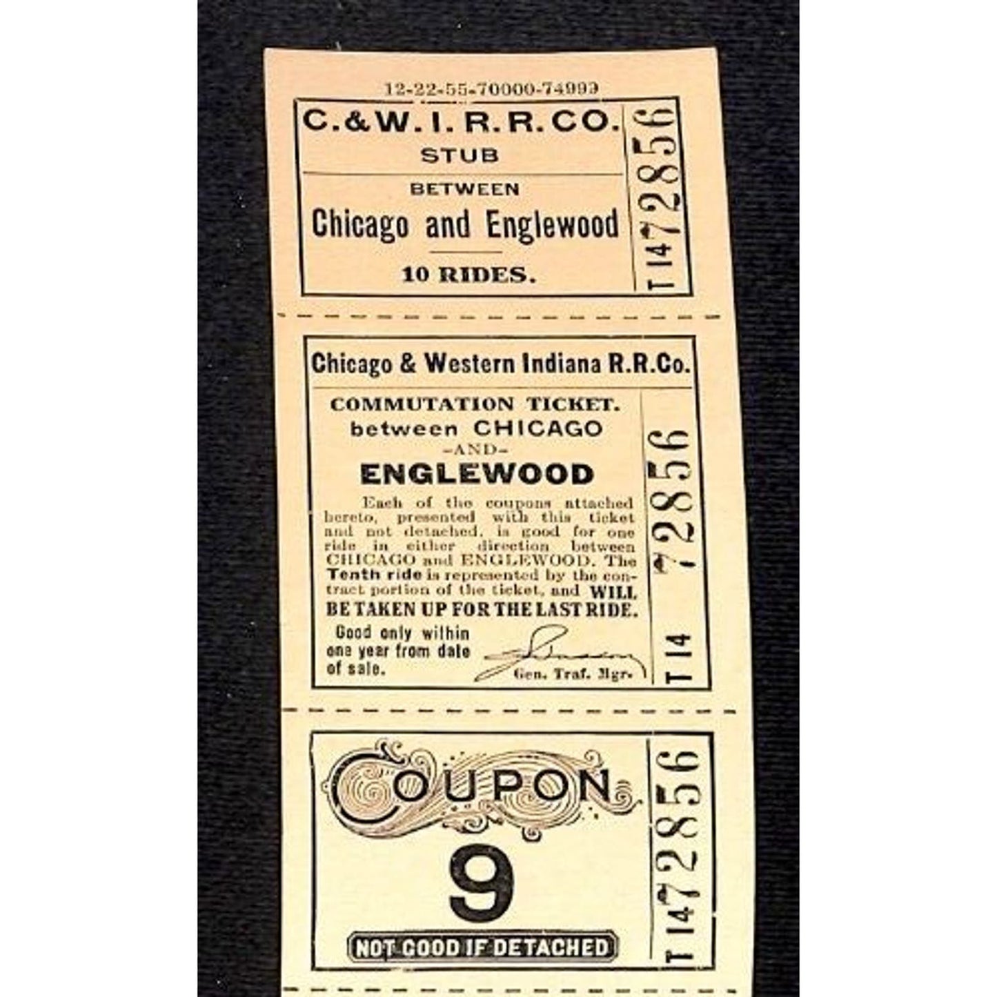 c1955 Chicago & Western Indiana RR Englewood 14" 10 Ride Ticket Strip Unused VGC