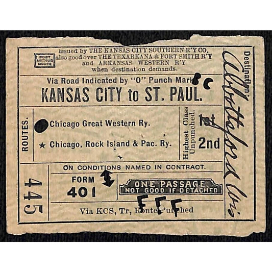 Kansas City Southern Railway Ticket Kansas City St. Paul 1915 #445