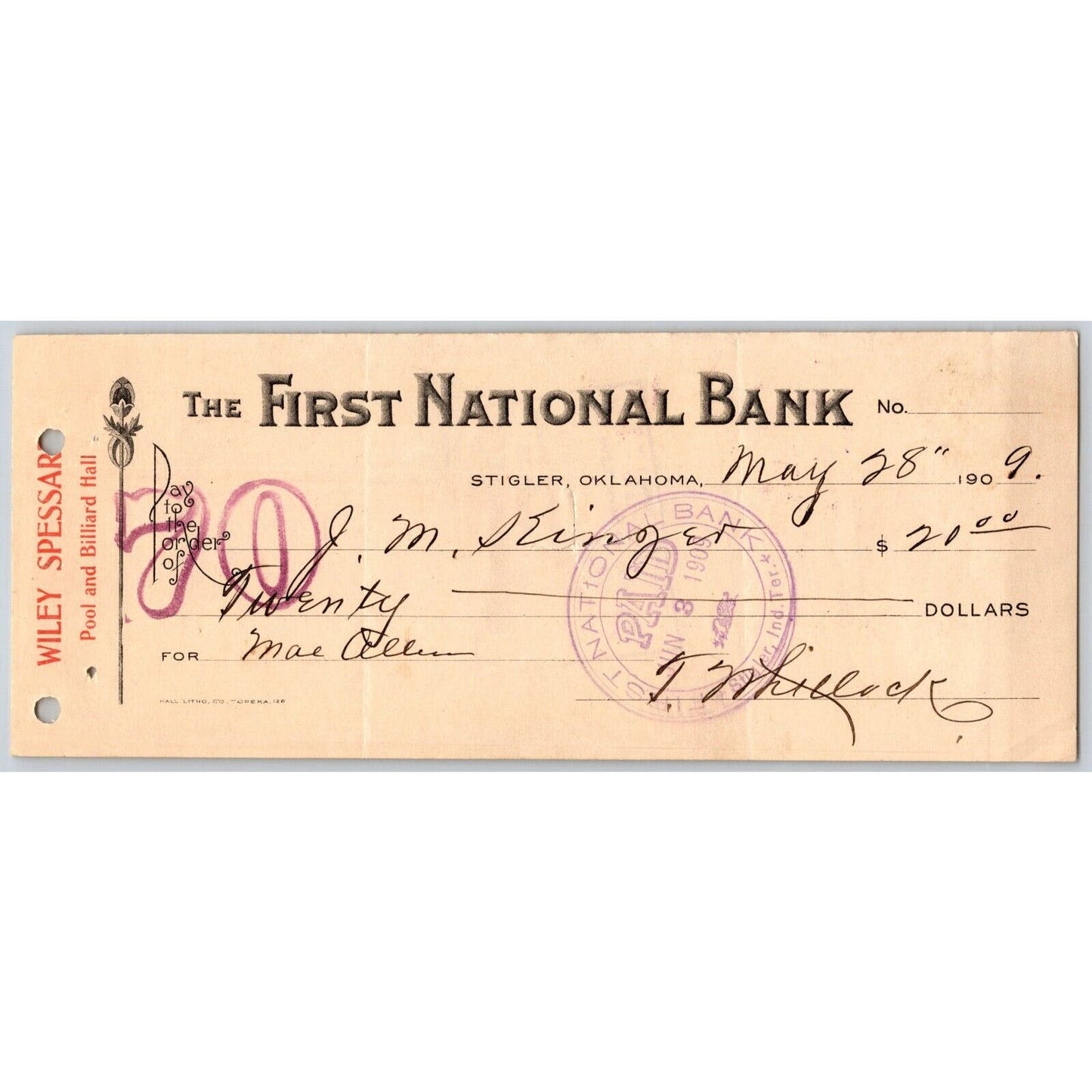 Stigler, Oklahoma 1909Bank Check - Wiley Spessar Poll and Billiard Hall