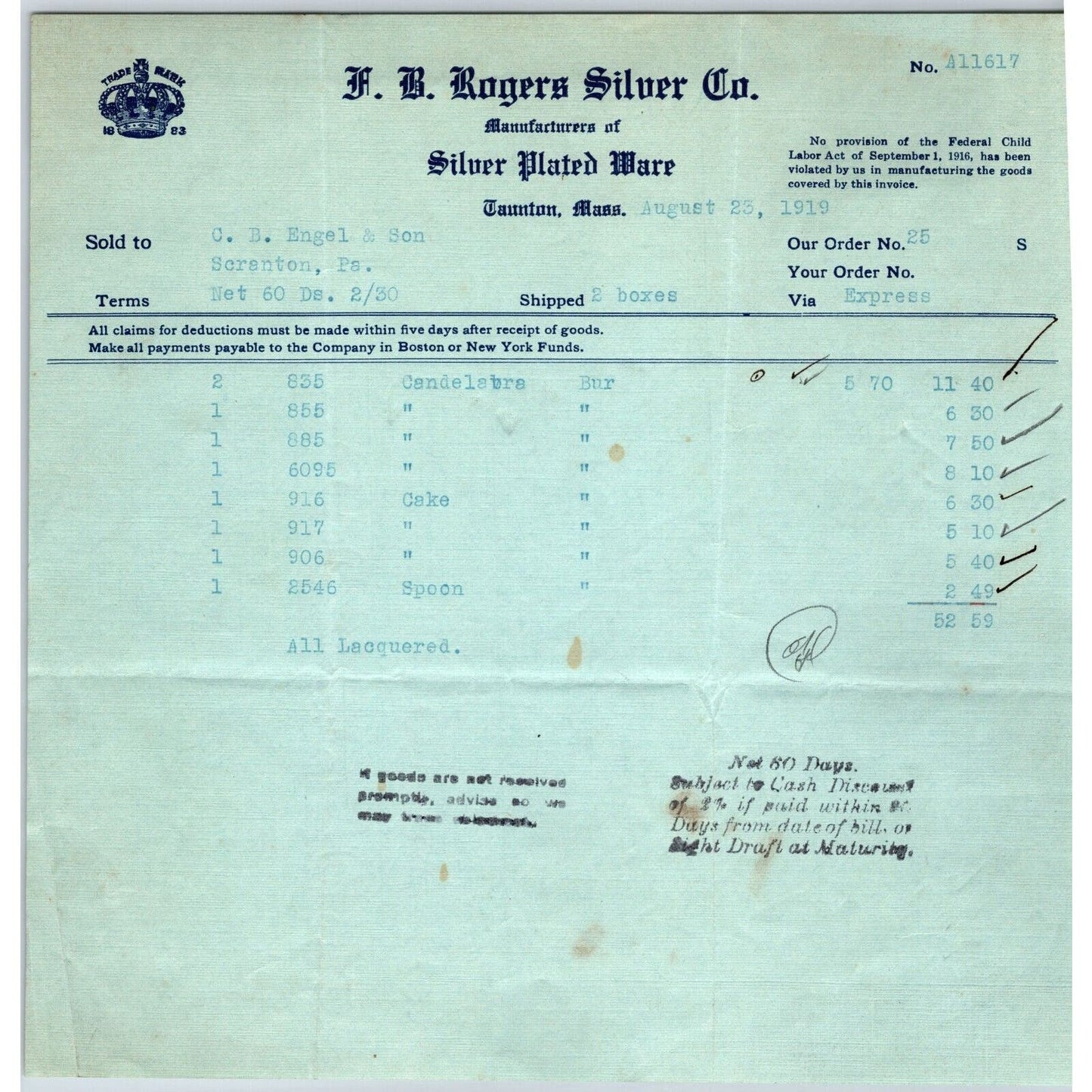 Taunton, MASS F.B. Rogers Silver Co. "Engel" 1919 Billhead Scarce