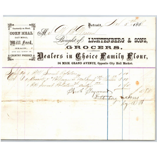 Detroit Letterhead Lichtenberg & Sons Grocers Corn Meal Oatmeal Mill Feed 1868
