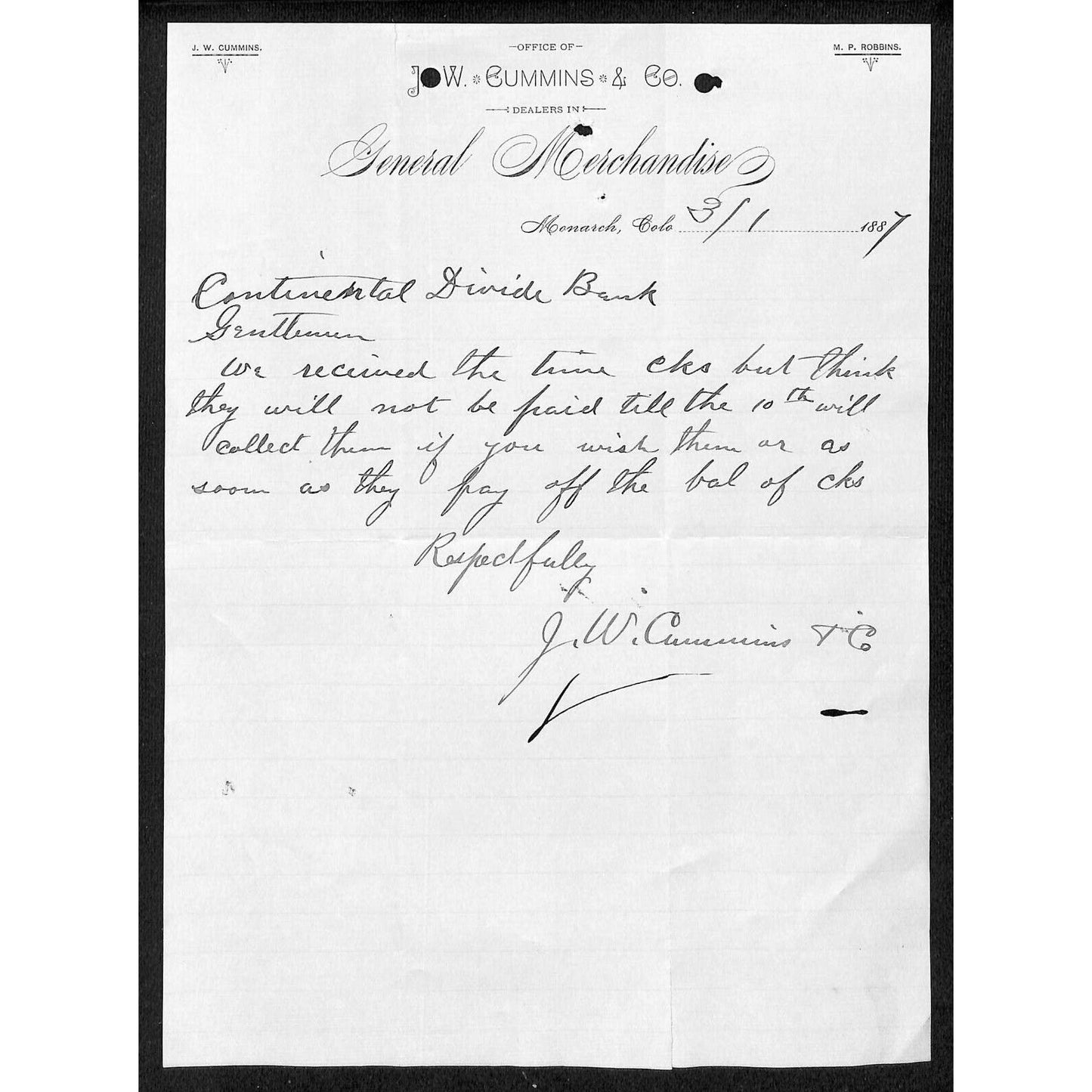 Monarch, CO W. Cummings & Co. General Merchandise 1887 Letterhead Scarce