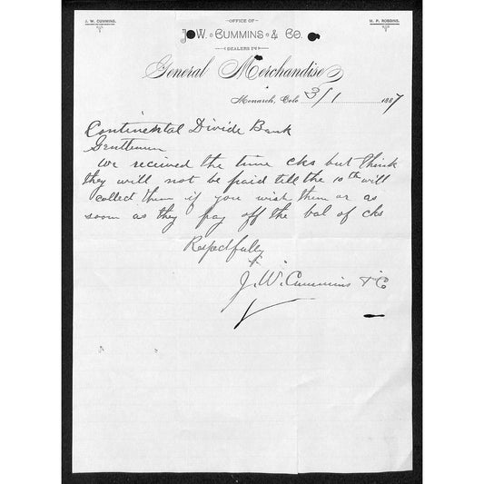 Monarch, CO W. Cummings & Co. General Merchandise 1887 Letterhead Scarce