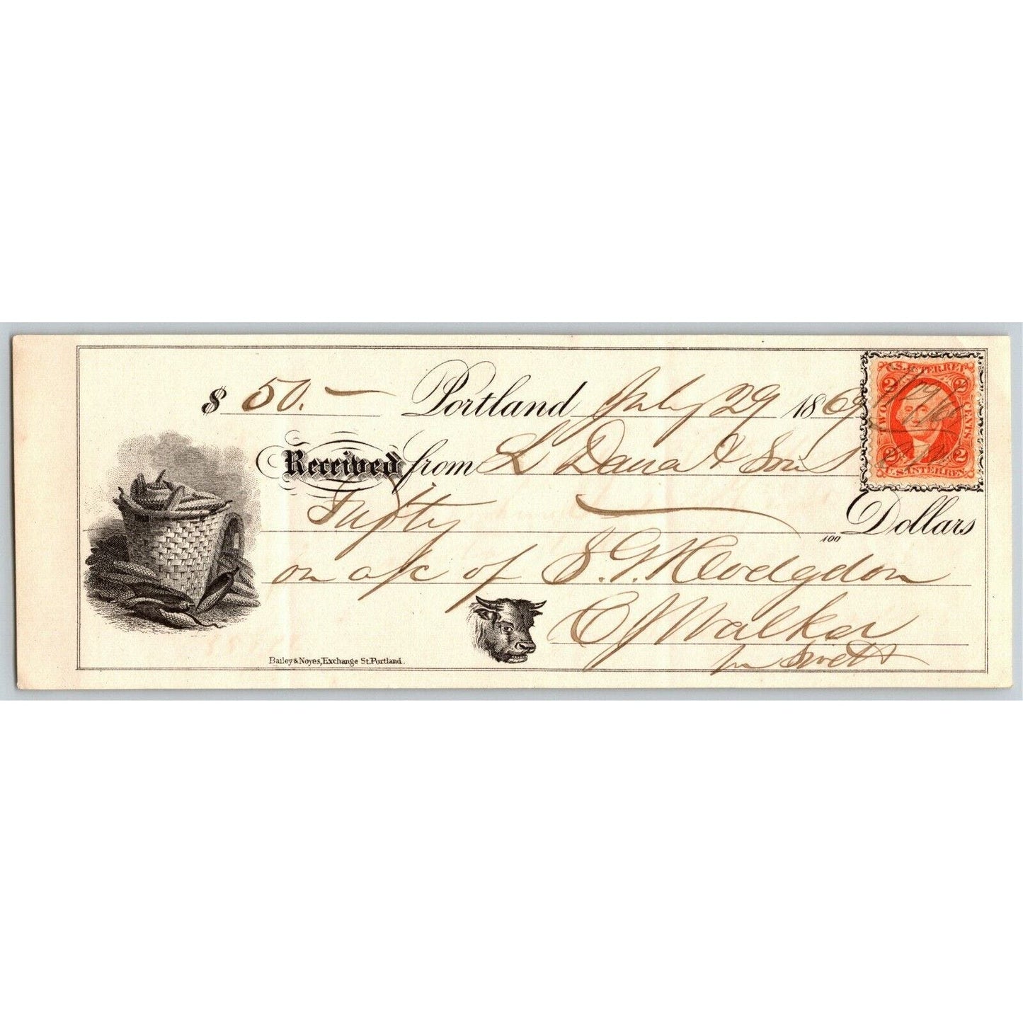 1869 Portland Bank Check - Rebuilding After "The Great Fire" July 4 1866