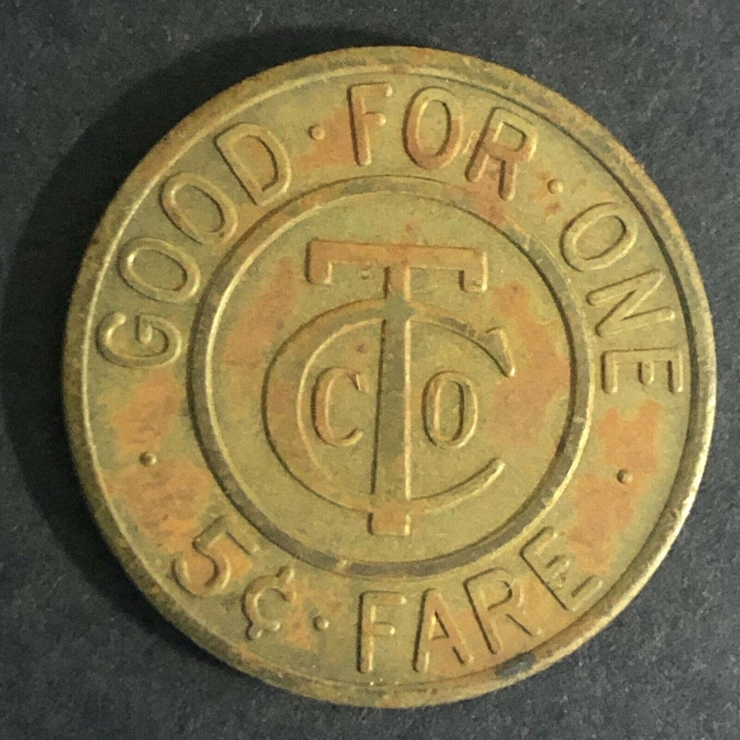 Vintage 21mm Brass CTCO (Fairmont, West Virginia) 5c Fare Transit Token
