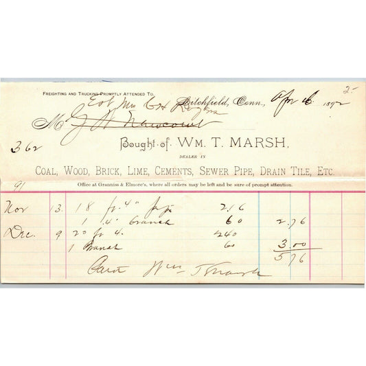 Wm. T. Marsh 1892 Letterhead Litchfield, Conn Coal Wood Brick Lime Sewer Pipe