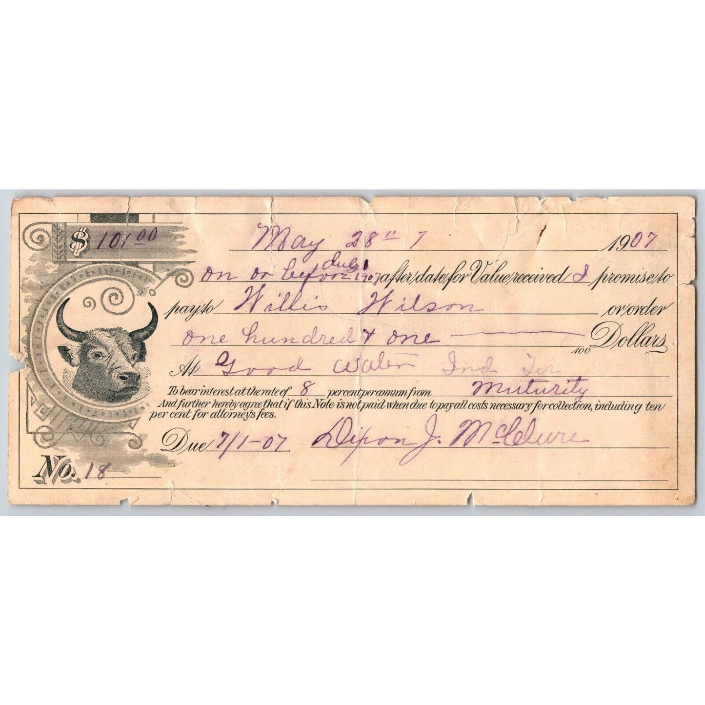 Goodwater, Oklahoma Territorial 1907 Promissory Note - Scarce