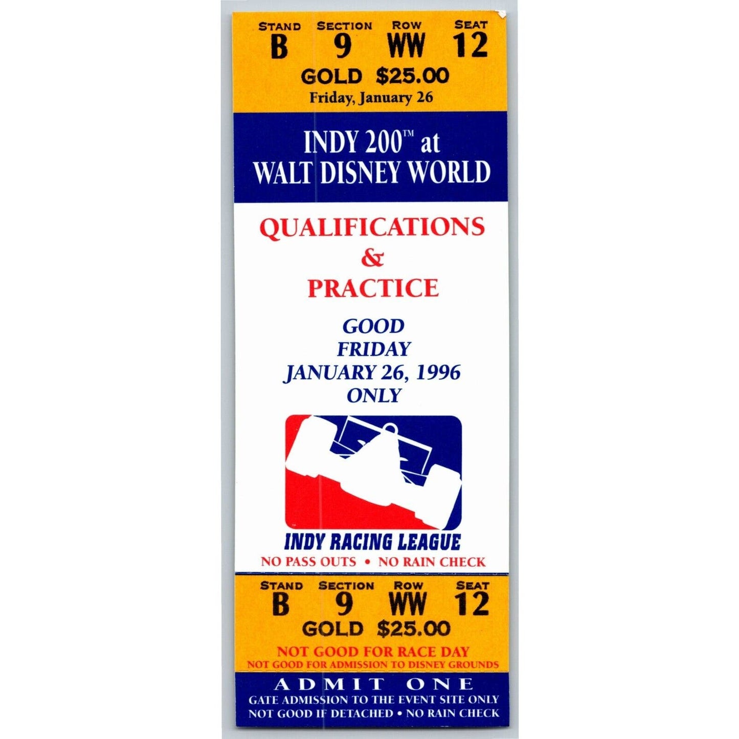 1996 Indy 200 Walt Disney World Qualifications & Practice Unused Ticket Seat 12