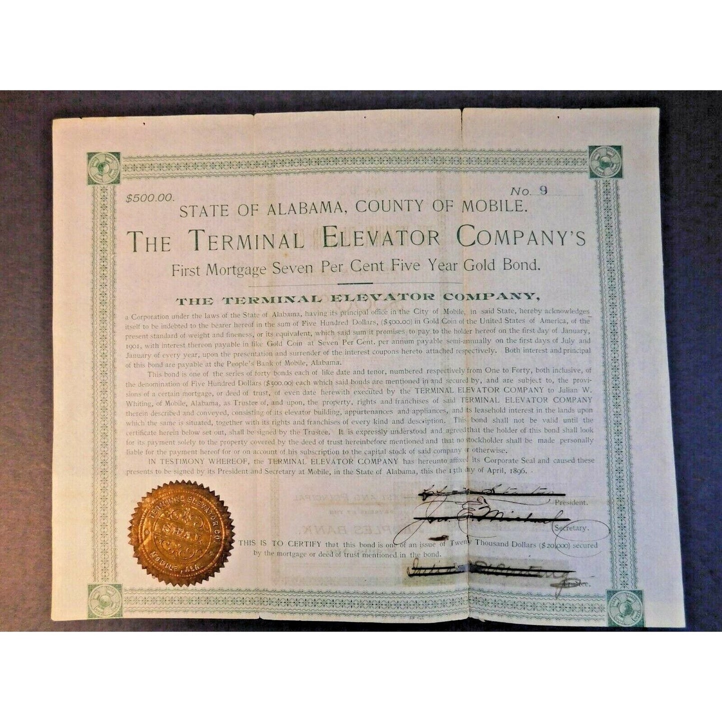 Vintage 1896 Stock Certificate / 7% Bond "Terminal Elevator Co." Mobile Alabama