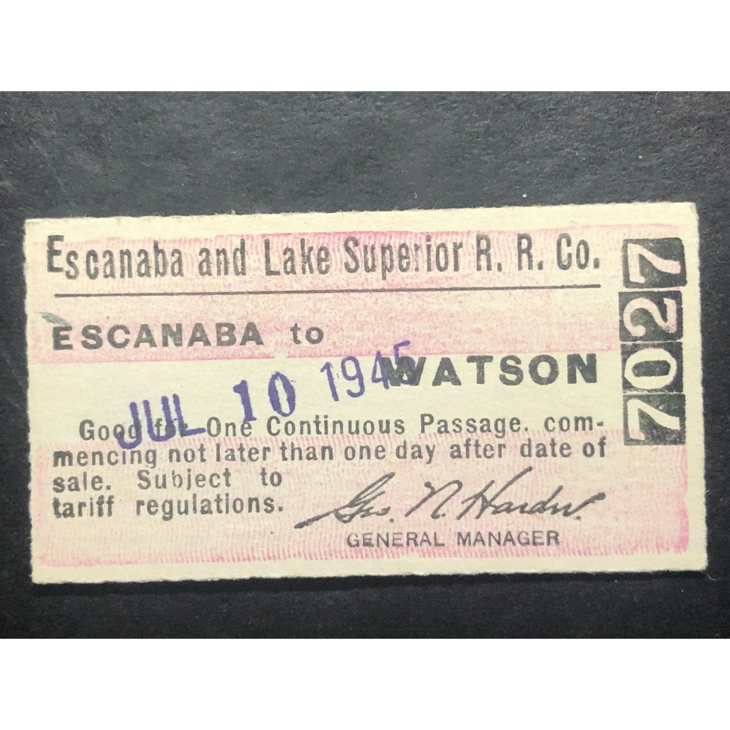 Escanaba & Lake Superior Railroad Ticket to Watson 1945 #7027 Scarce