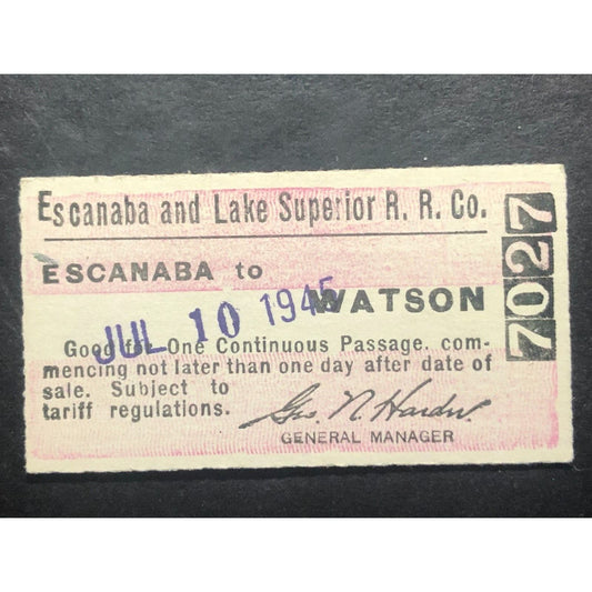 Escanaba & Lake Superior Railroad Ticket to Watson 1945 #7027 Scarce