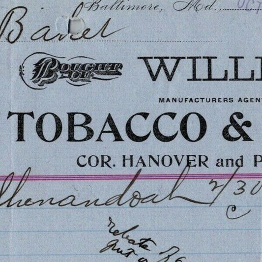 c1899 Letterhead Billhead Willis & Co. Tobacco Cigars Baltimore Ephraim Baker*