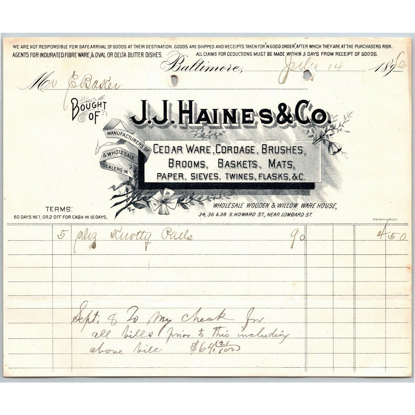 1896 Letterhead Billhead J.J. Haines Cedar Ware Brooms Baltimore Ephraim Baker*