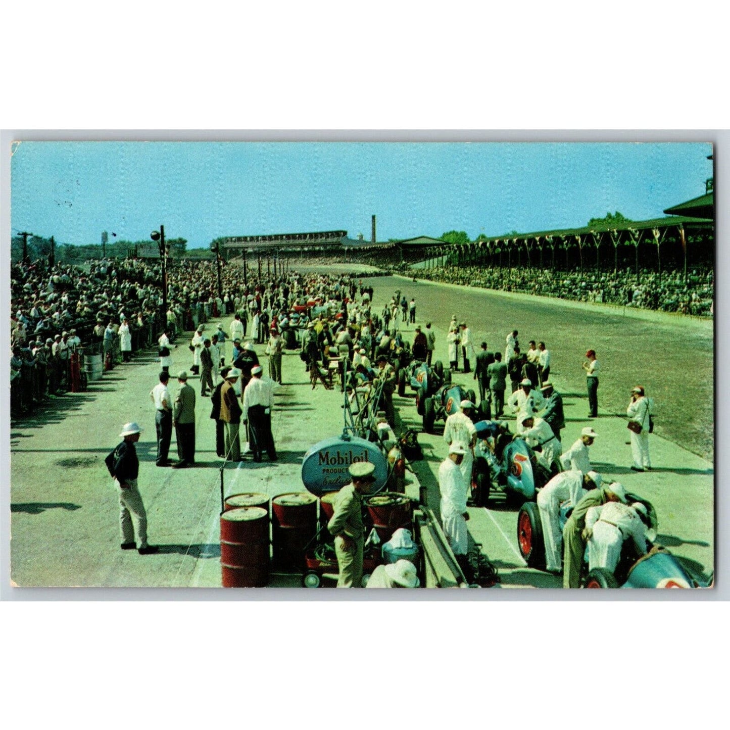 Indy 500 Postcard 1950 "500 Mile Speedway - In the Pit Area" Unposted VGC