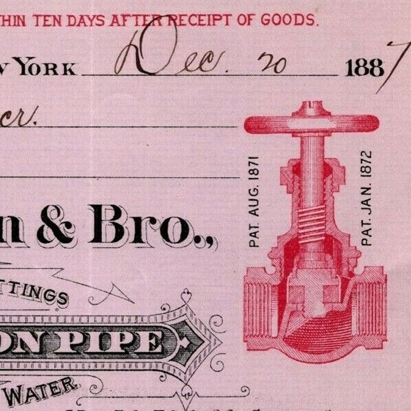 1887 "T. R. Mc Mann & Bros., Wrought Iron Pipe" Billhead Letterhead Gold St, NYC