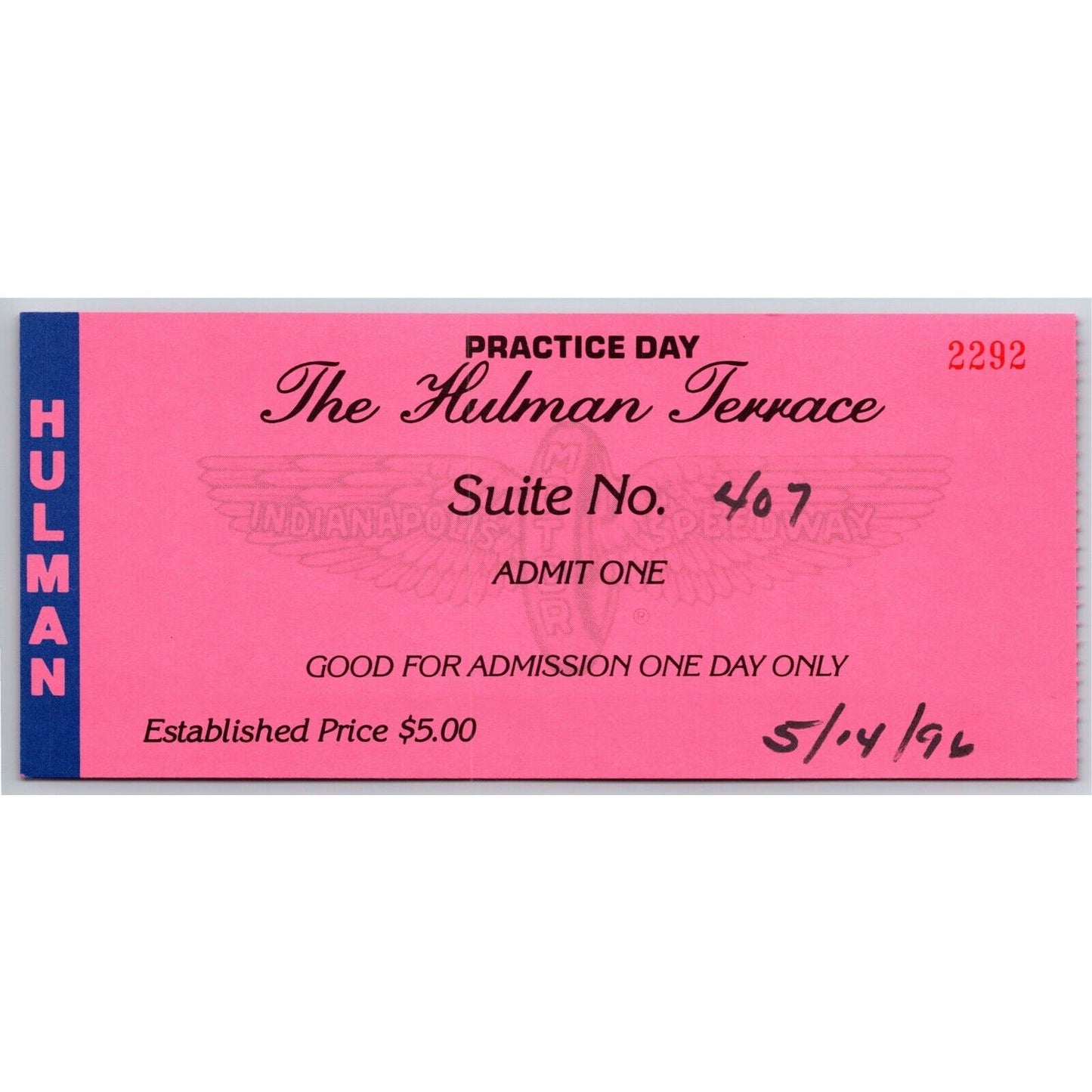 1996 Indy 500 Practice Day Hulman Terrace Ticket Stub Indianapolis #2292