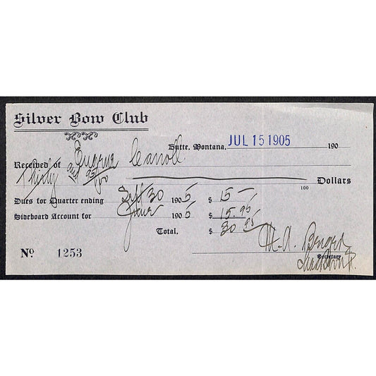 Butte Montana July 1905 "Silver Bow Club" Eugene Carroll Dues Payment Receipt