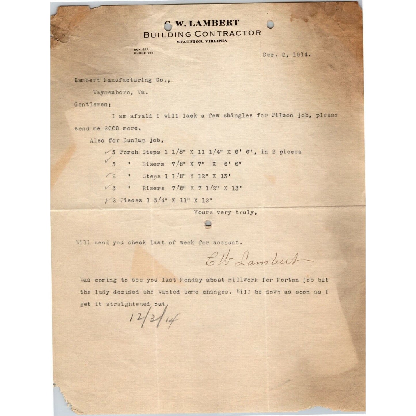 1914 Scarce C.W. Lambert Building Contractor Staunton, VA Letterhead