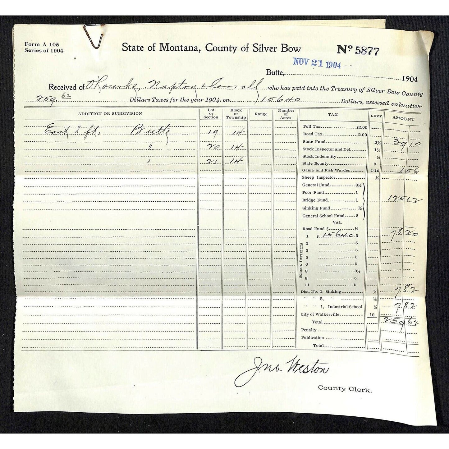1904 Check Daly Bank Trust of Butte, MT Eugene Carroll Silver Bow Tax Receipt