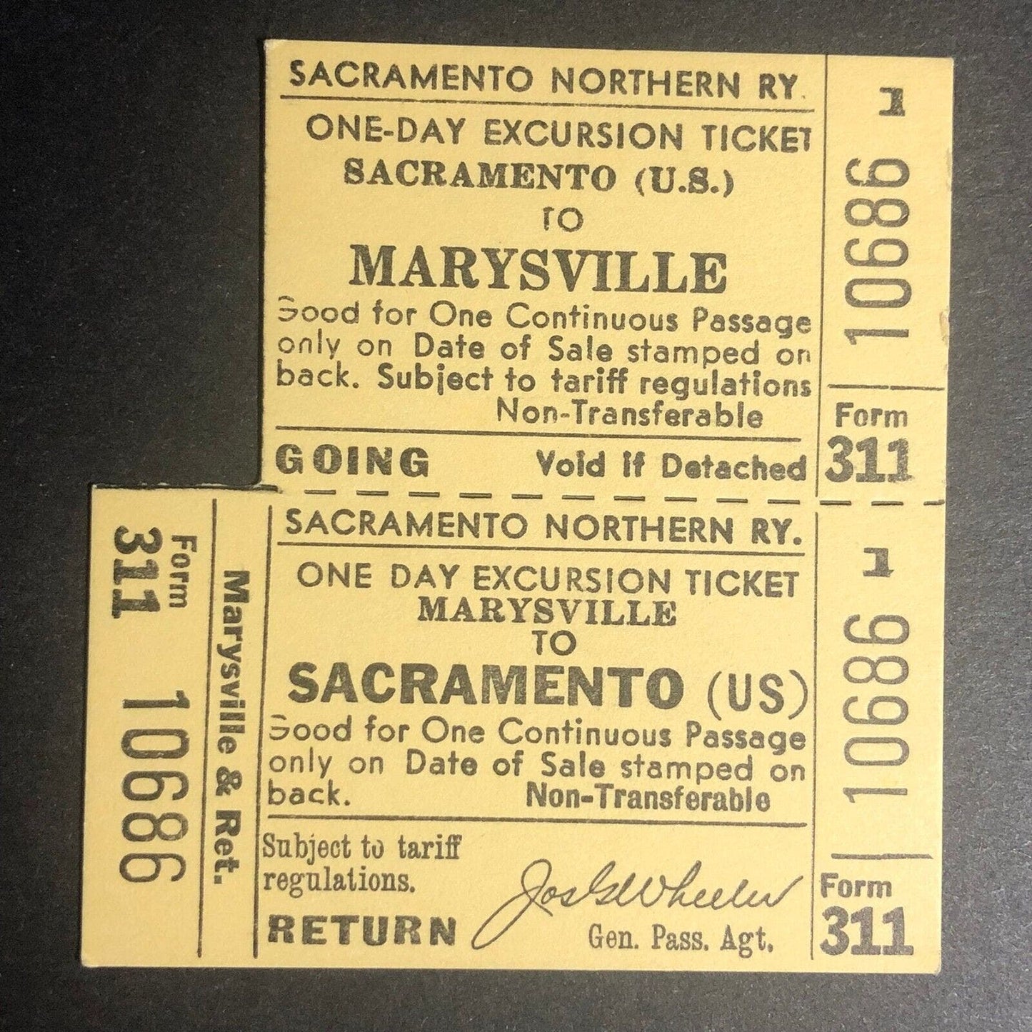 Sacramento Northern RY. One Day Excursion Ticket Marysville Going / Return
