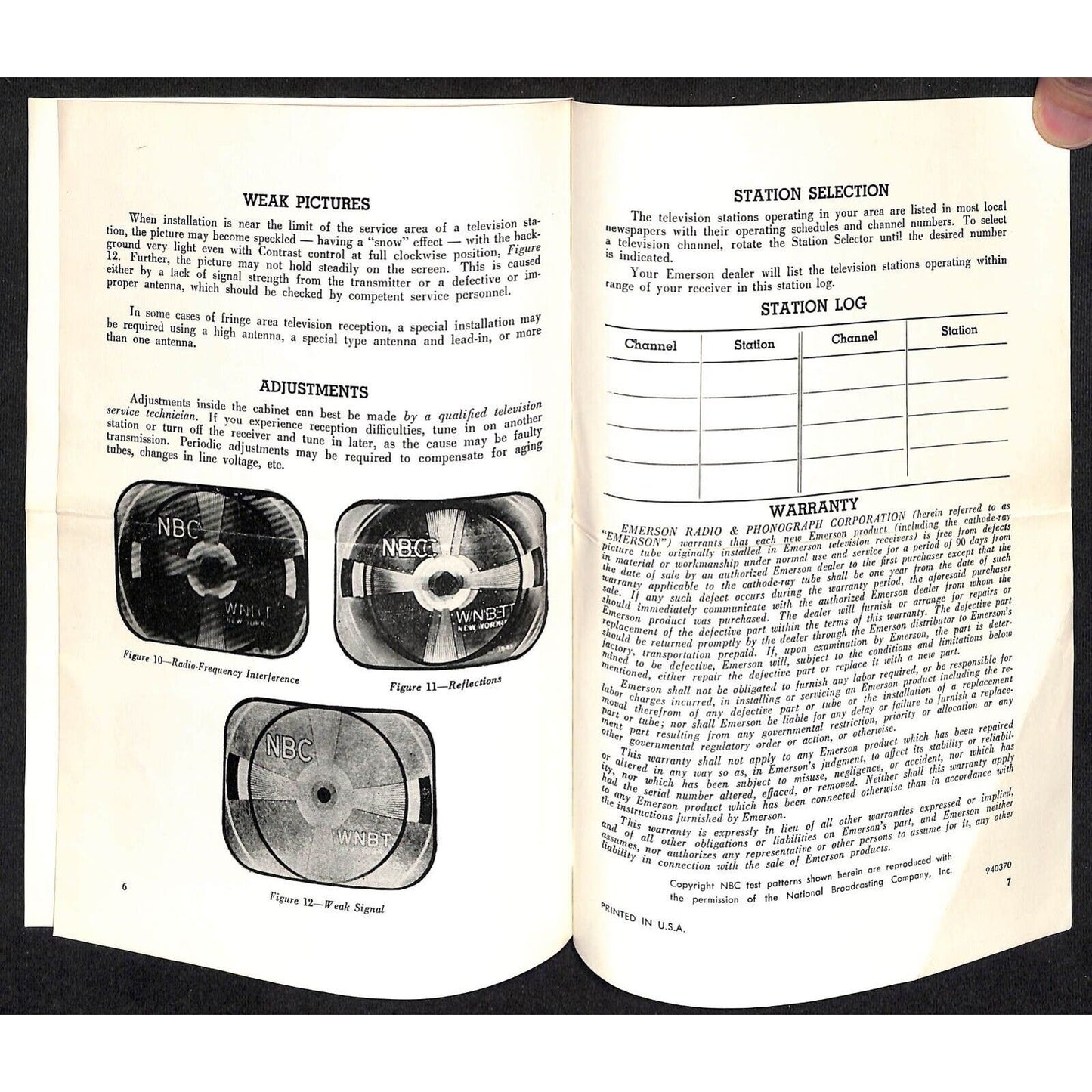 Emerson Television Operating Instruction Manual / Pamphlet c1950's? 7pp + Env.
