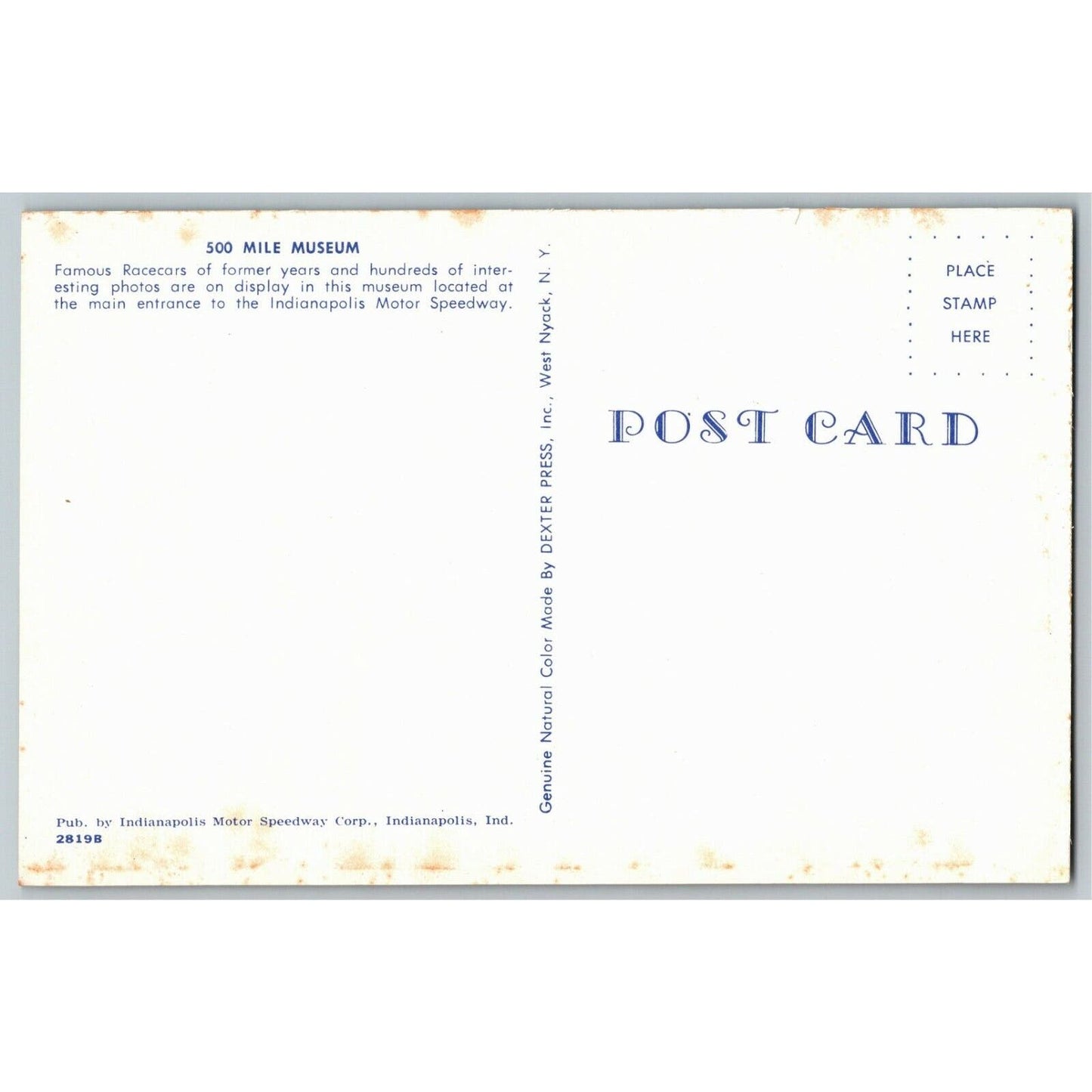 Indy 500 Postcard 1956 "500 Mile Museum Famous Racecars of Former Years..." VGC