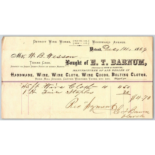 Detroit Letterhead - E.T. Barnum Hardware Wire Cloth Wire Goods 1869