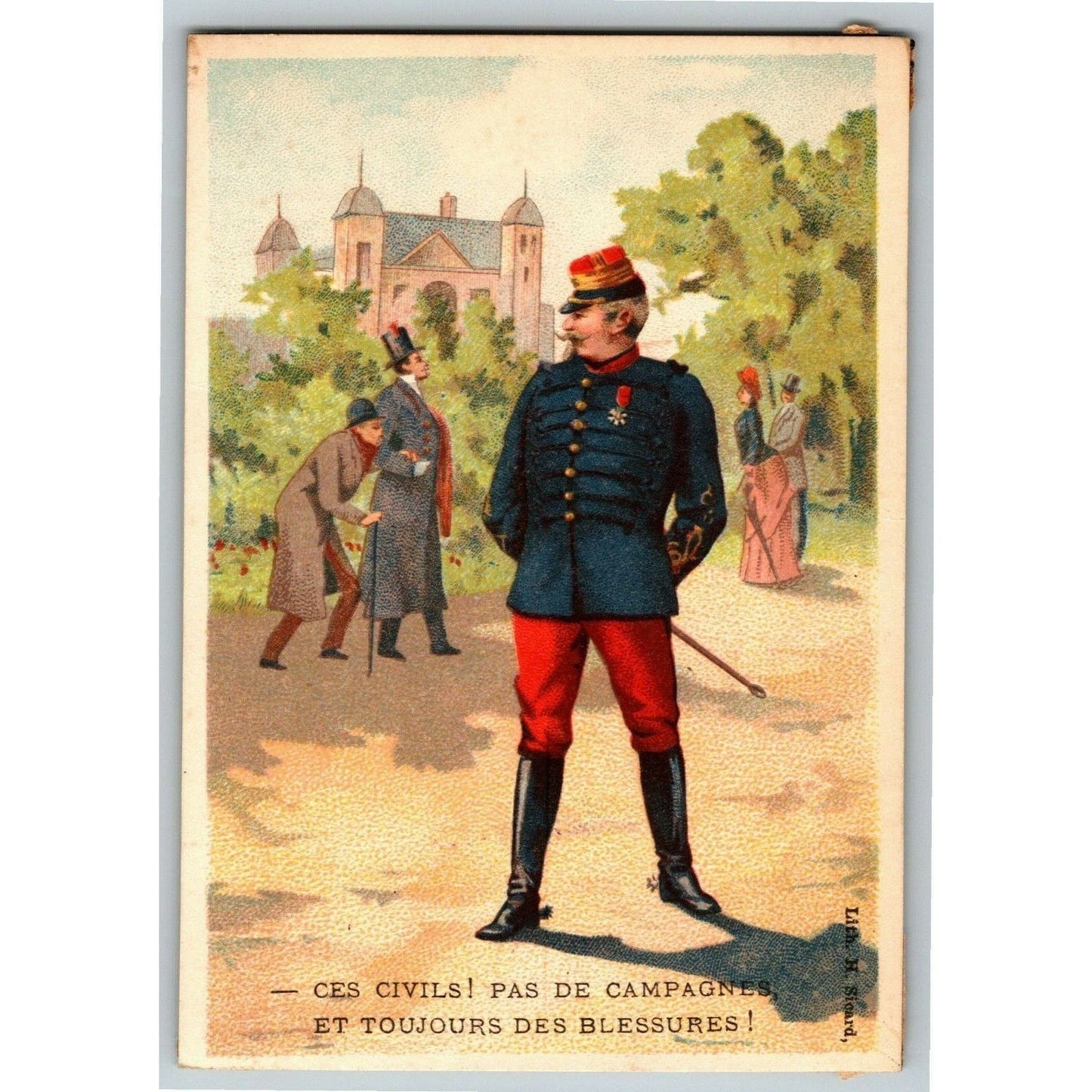 French Victorian Trade Card Ces Civil Pas De Campagnes Et Toujours Des Blessures