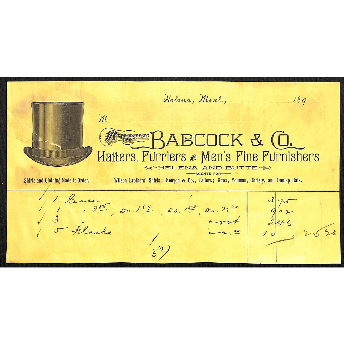 Helena Butte Montana Babcock & Co. Hatters Furriers c1892 Billhead w/ Top Hat