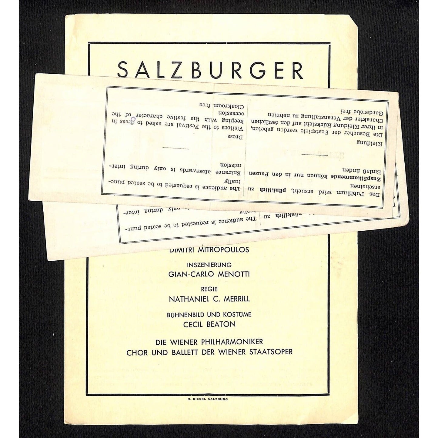 Salzburger Festspiele 1958 Program Samuel Barber Vanessa w/ 2 Tickets - Scarce