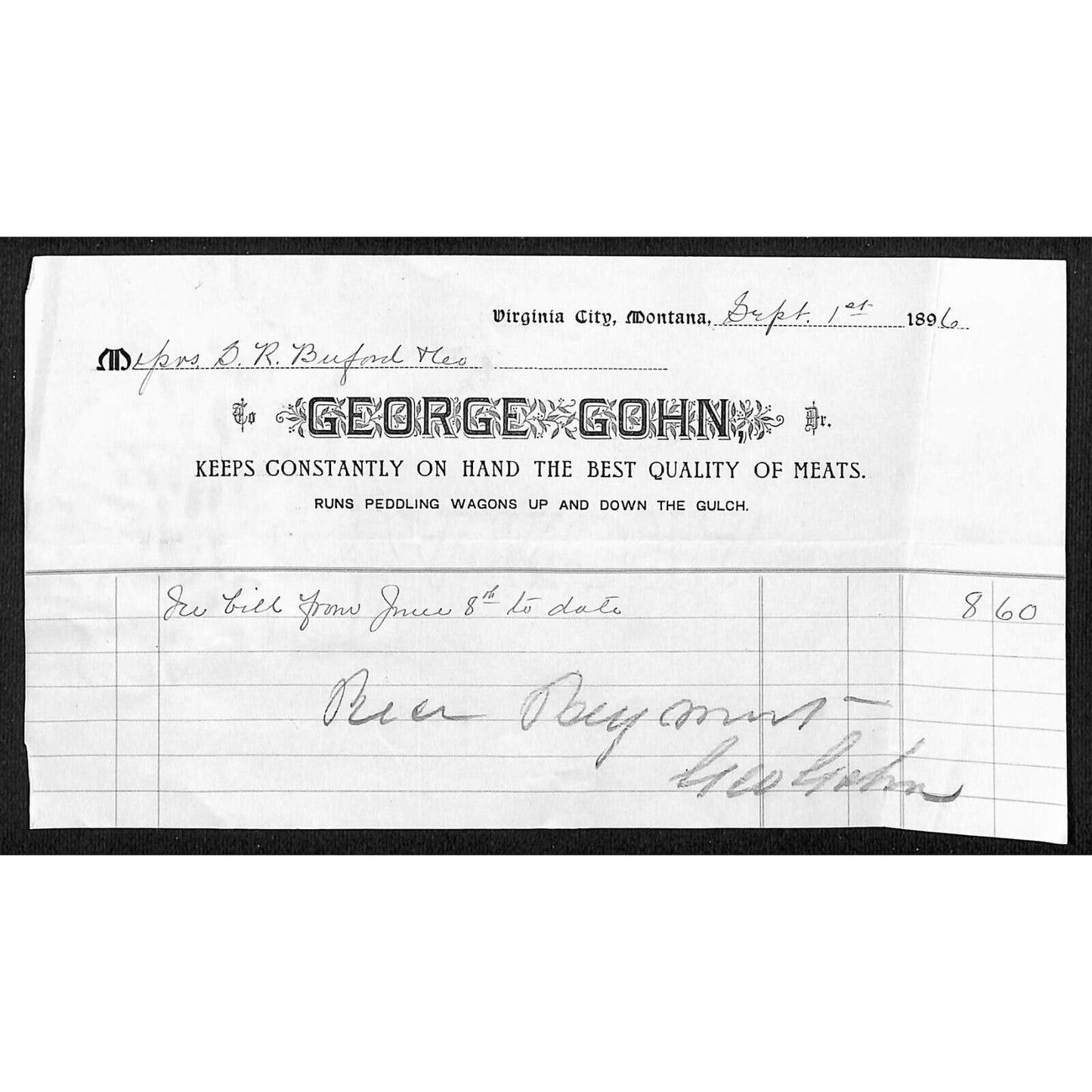 Virginia City, MT George Gohn 1896 Buford* Billhead "Runs Peddling Wagons.."