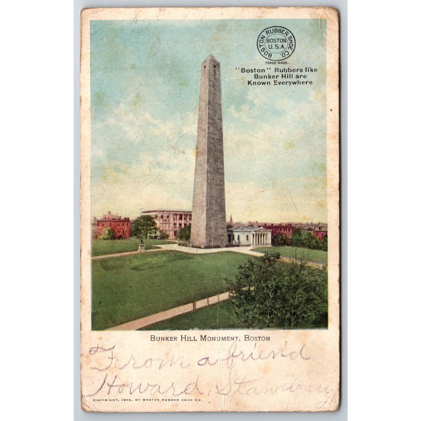 Boston Rubber Shoe Co. Bunker Hill Monument Advertising Postcard PM 1907
