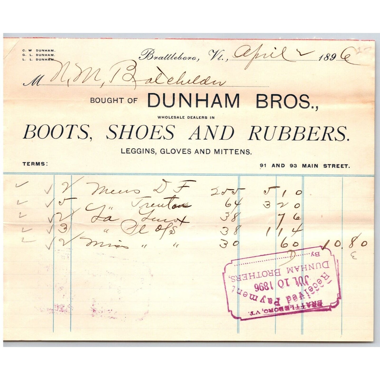 Brattleboro, VT Dunham Bros. Boots Shoes Rubbers Leggins Gloves 1896 Billhead
