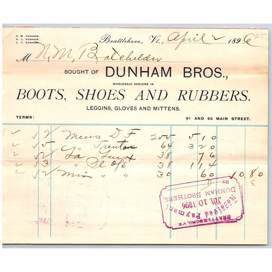 Brattleboro, VT Dunham Bros. Boots Shoes Rubbers Leggins Gloves 1896 Billhead