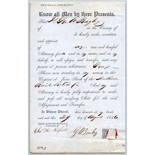 1846 Boston MA Power of Attorney re: Northern Railroad Stock George W. Bagby