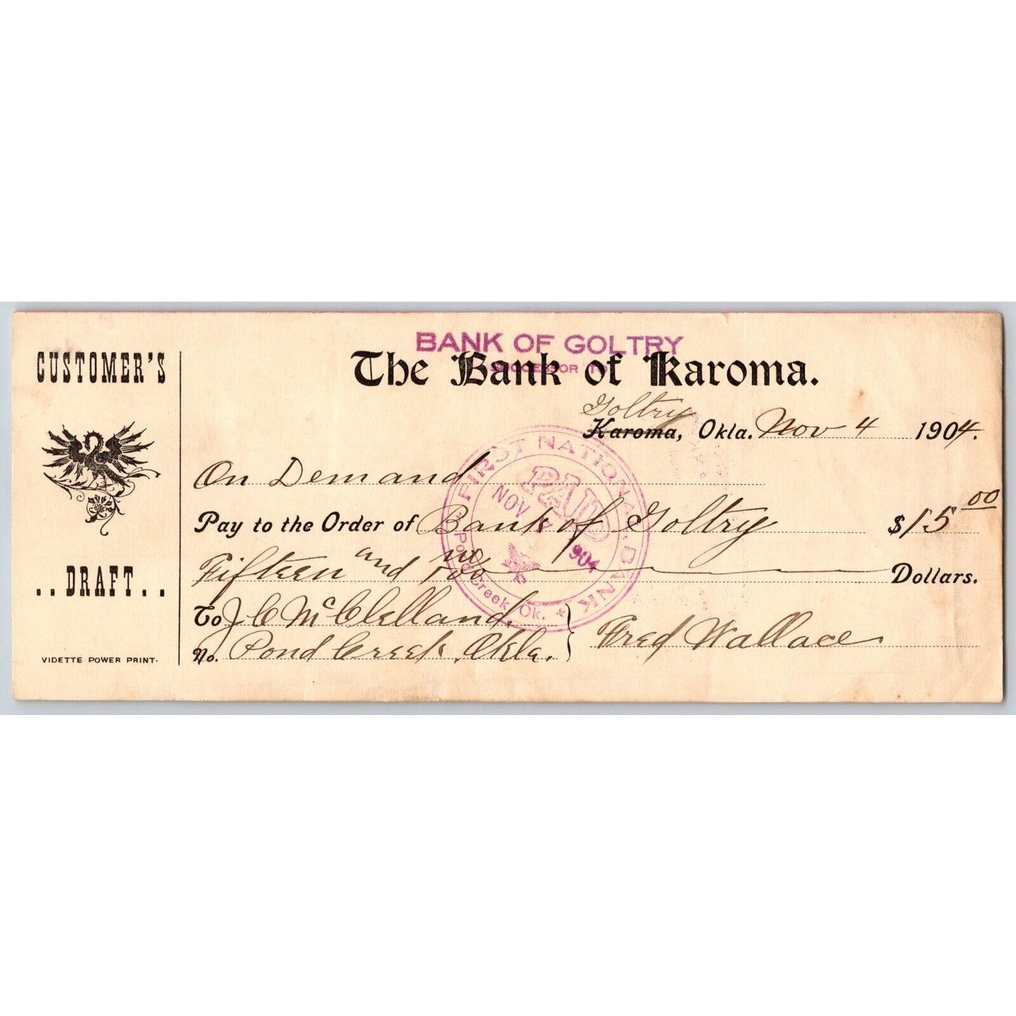 Karoma / Goltry, Oklahoma Territorial 1904 Bank Check Scarce