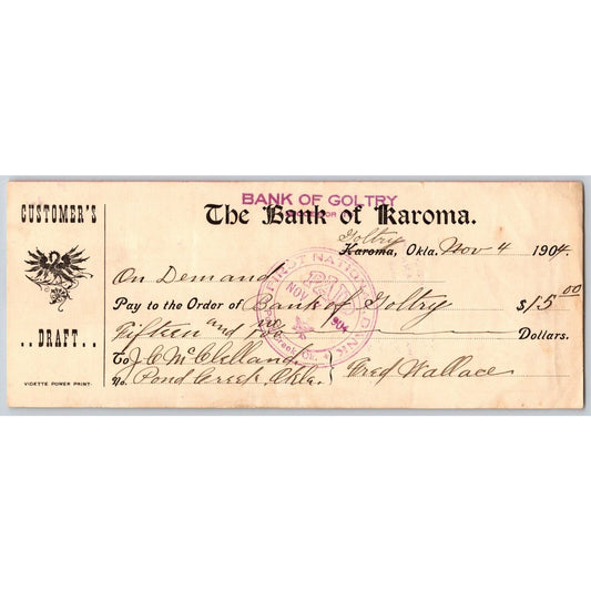 Karoma / Goltry, Oklahoma Territorial 1904 Bank Check Scarce