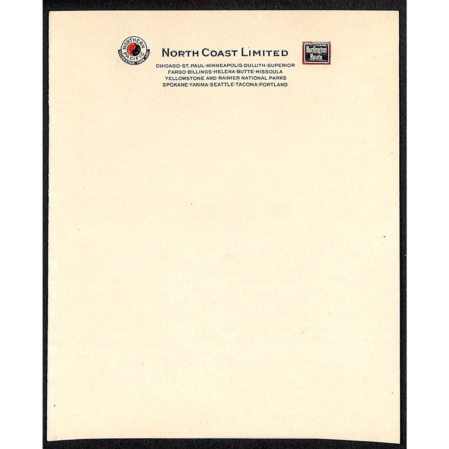 Northern Pacific Railway Yellowstone Line North Coast Stationary Sheet NOS