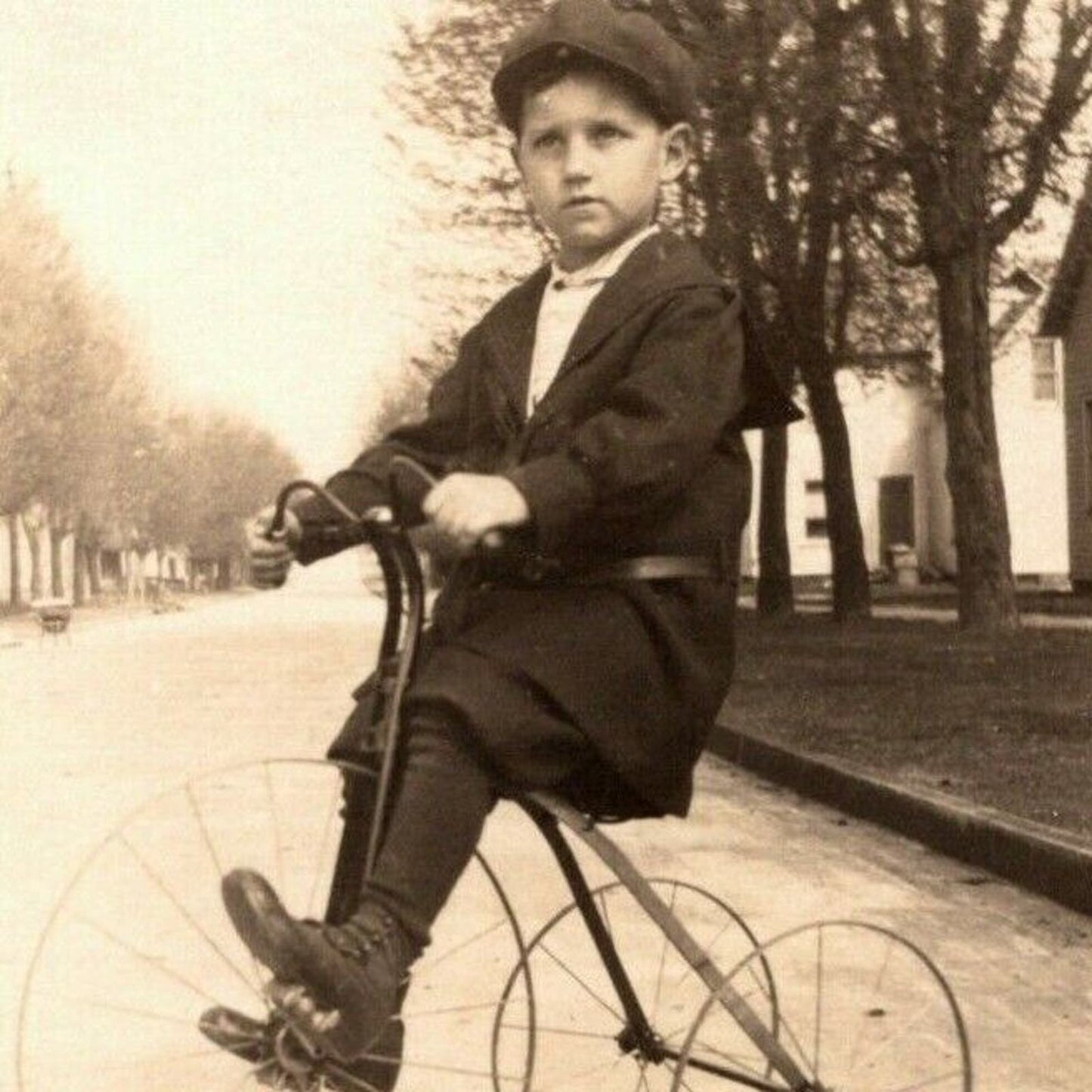 Vintage RPPC Postcard c1909 Child / Boy in Street Posing on Bicycle / Tricycle