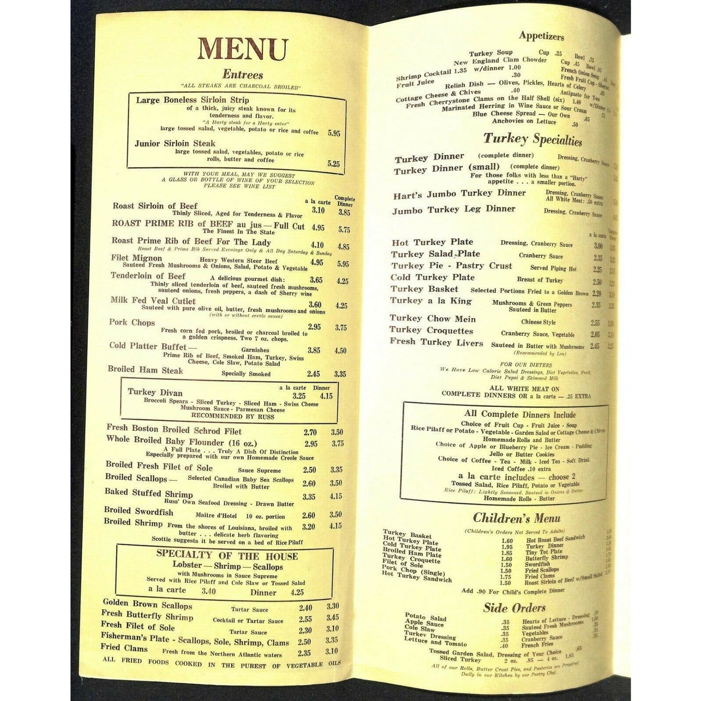 Hart's Menu Restaurant Meredith NH Scarce Vintage Large Turkey c1958-60's