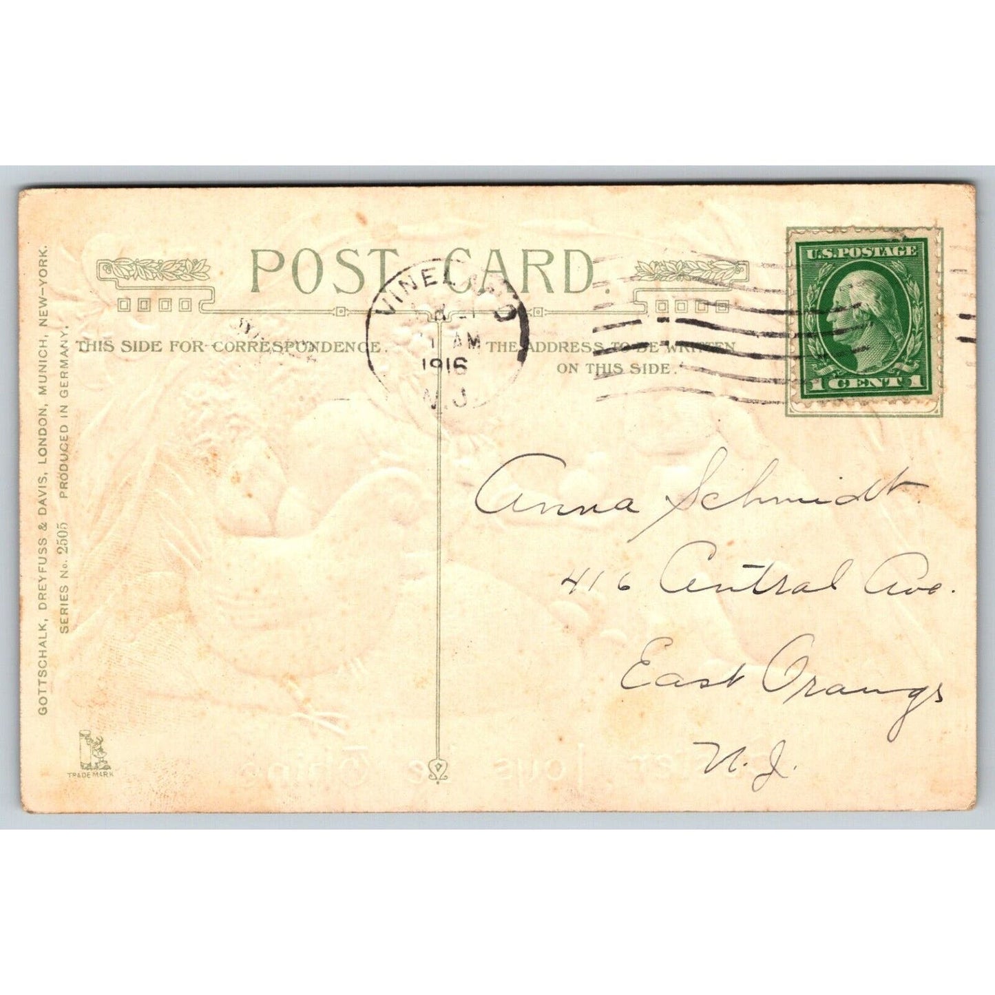 Easter Postcard "Easter Joys Be Thine" Girl w/ Bunny Chicken Chick EMB. PM 1916