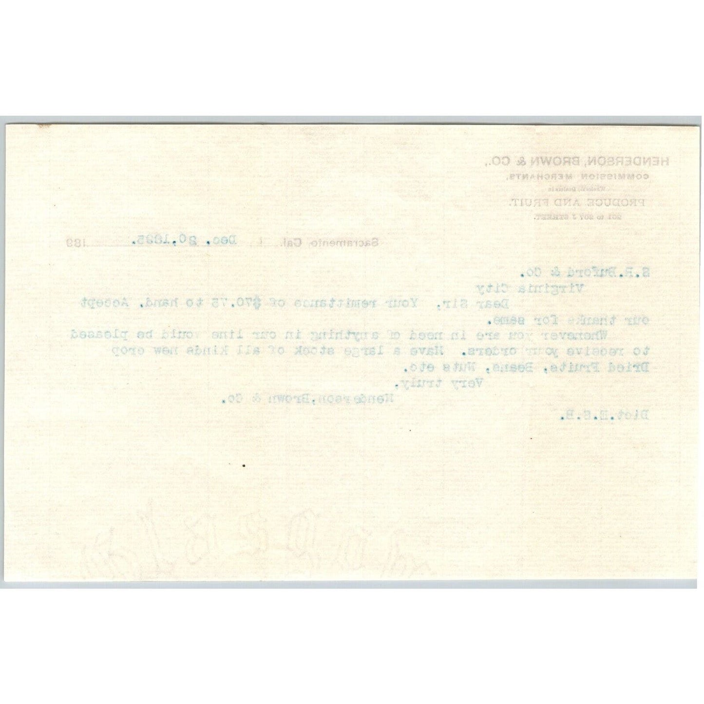 Sacramento Henderson, Brown & Co. Produce Fruit 1895 Buford Letterhead