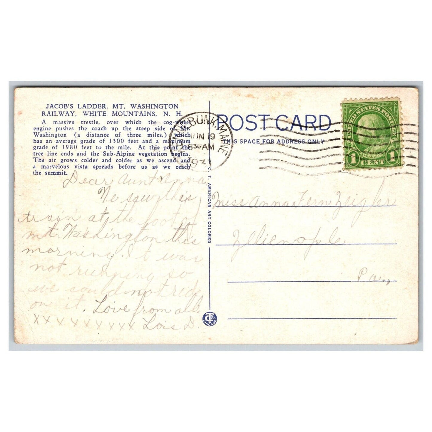 1931 Jacob's Ladder Mt. Washington Railway (Cog) White Mountains NH Postcard