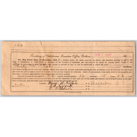 Guthrie, Oklahoma 1903 Territorial "Executive Office" Promissory Note Scarce