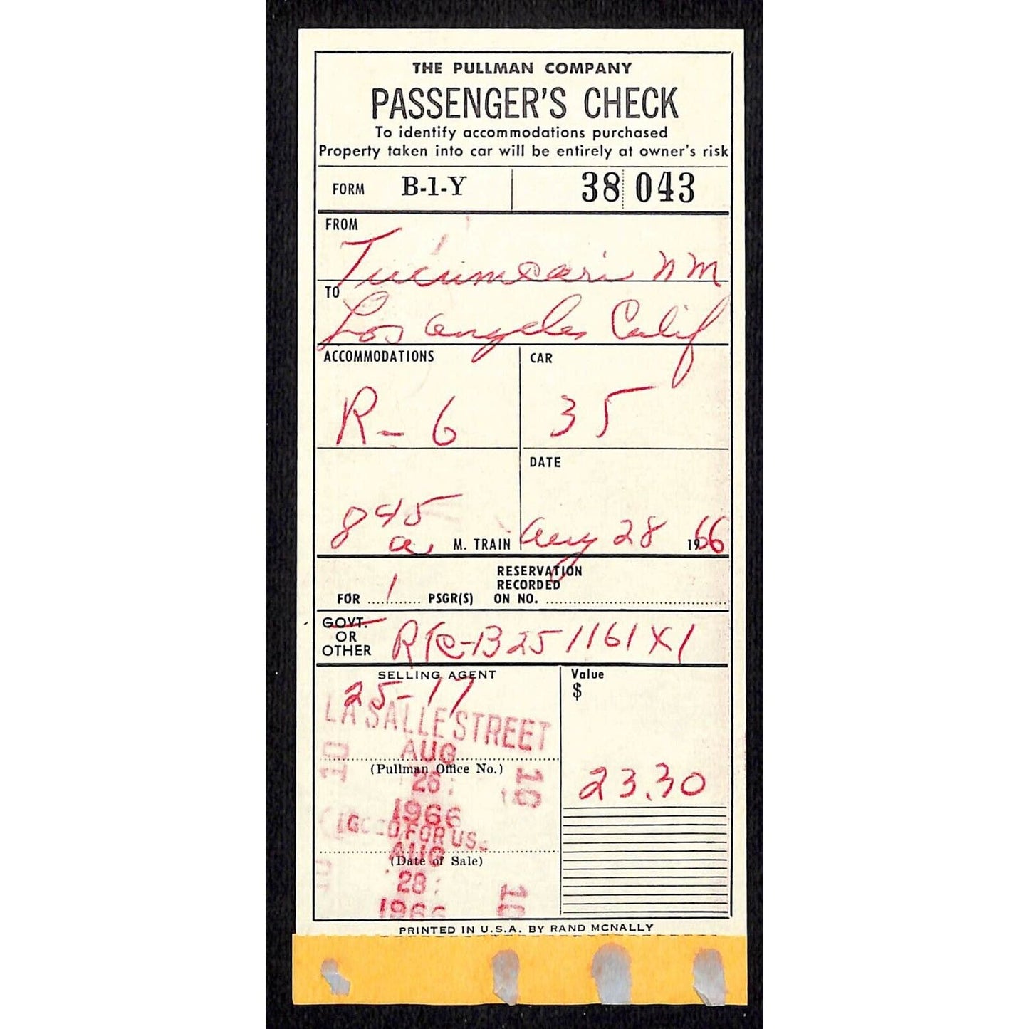 Pullman Company Passenger Check to Los Angeles 1966