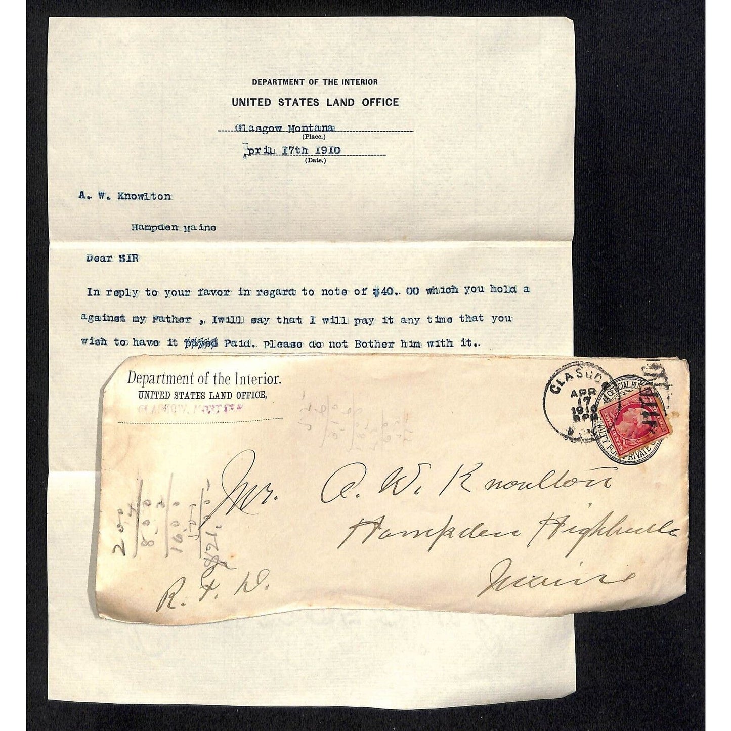 Hampden Highlands, ME Amos W. Knowlton* 1910 Dept. of Interior Letterhead re:$40