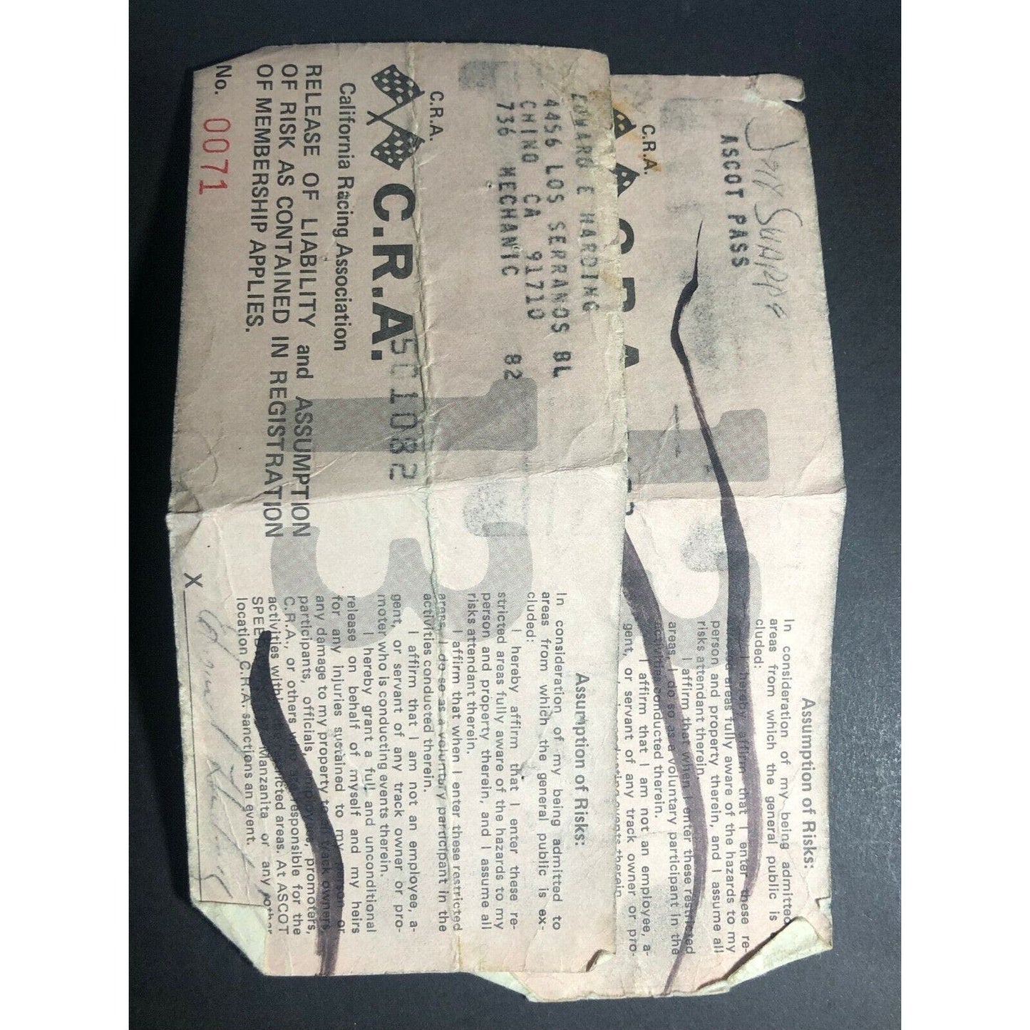 2 CRA California Racing Assoc. Ascot Liability Releases c1982? Jeff Sharpe