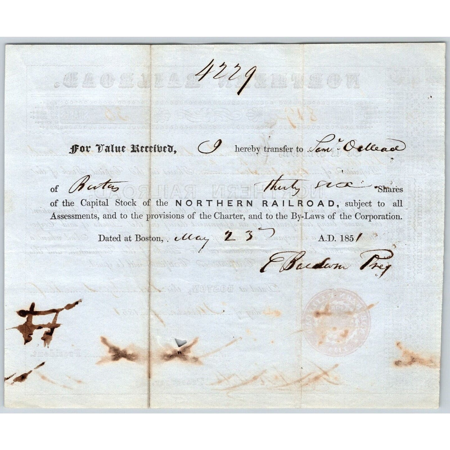 1851 Boston, MA Northern Railroad Stock Certificate No. 8192 for 36 Shares