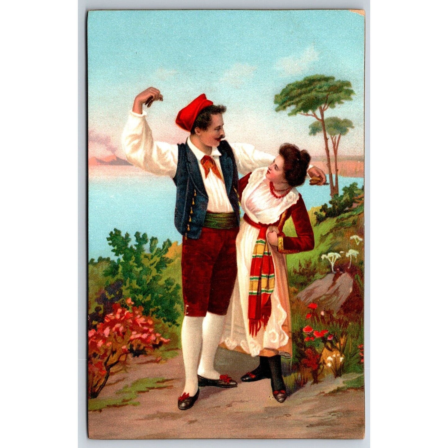 Italian Postcard Couple Outdoors About to Dance Castanets? 1901-1907 NP VGC